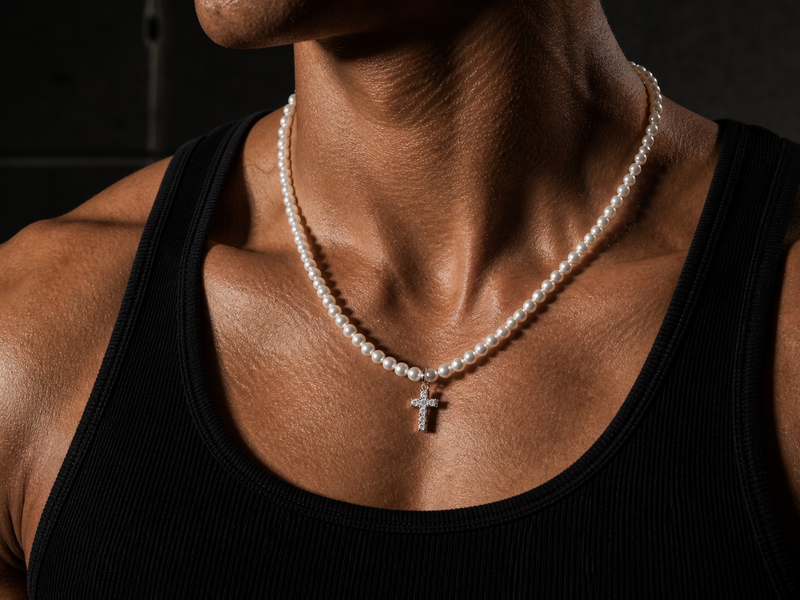 Collier Perles Croix Iced Vano Brand
